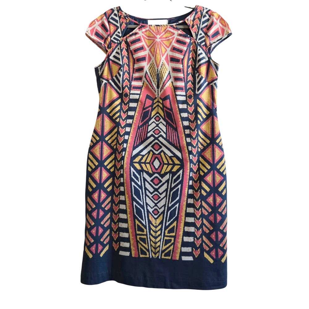Adrianna Papell Chic Tribal Print Sheath Dress Geometric Cutout Cap Sleeve Sz 12